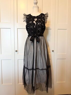 Lace Polka Dot Tulle Midi Dress Black Flutter Sleeve Whimsigoth Large